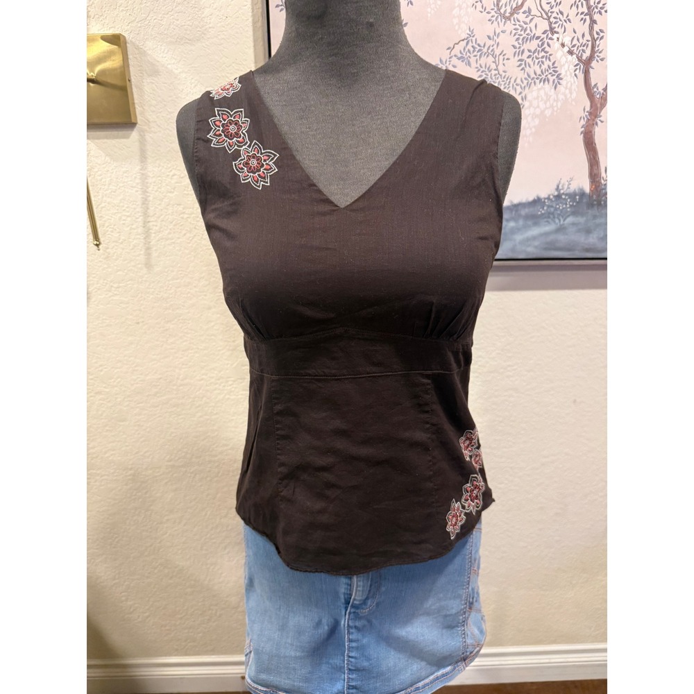 Ann Taylor Brown Cotton Embroidered Sleeveless V-Neck Top Size 0 145860